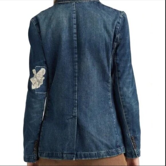 NWT Lauren Ralph Lauren Lace Patchwork Denim Indigo Button Blazer 10 - Picture 2 of 3
